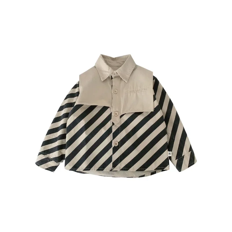 2023 Early Spring New Children\'s Clothing Korean Style Irregular Shirt Boys Handsome Stitching Striped Shirt