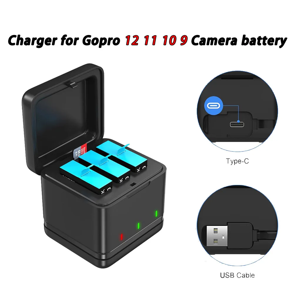 

GoPro 12 Battery Charger Equipped with Type-C fast charging port For GoPro Hero 12 Hero 11 Hero 10 Hero 9 black camera charger