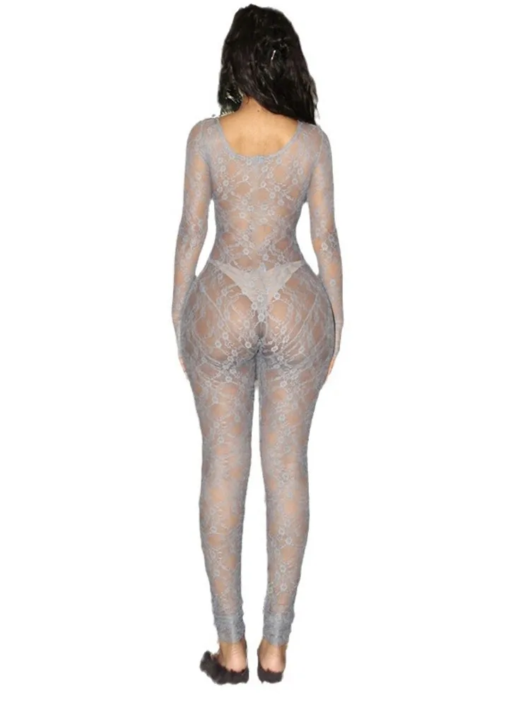 Sibybo Sexy See Through Lace Bow Jumpsuit Basics Long Sleeve Causal Skinny Jumpsuit 2024 Spring And Summer Fashion Women Clothes