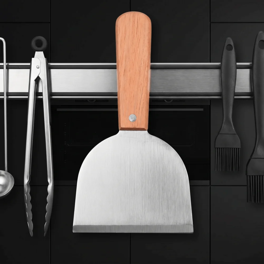 Stainless Steel Grill Scraper Wooden Handle Wide Flat Head Spatula Three Rivets Handheld Size Pizza Spatula Griddle Cooking