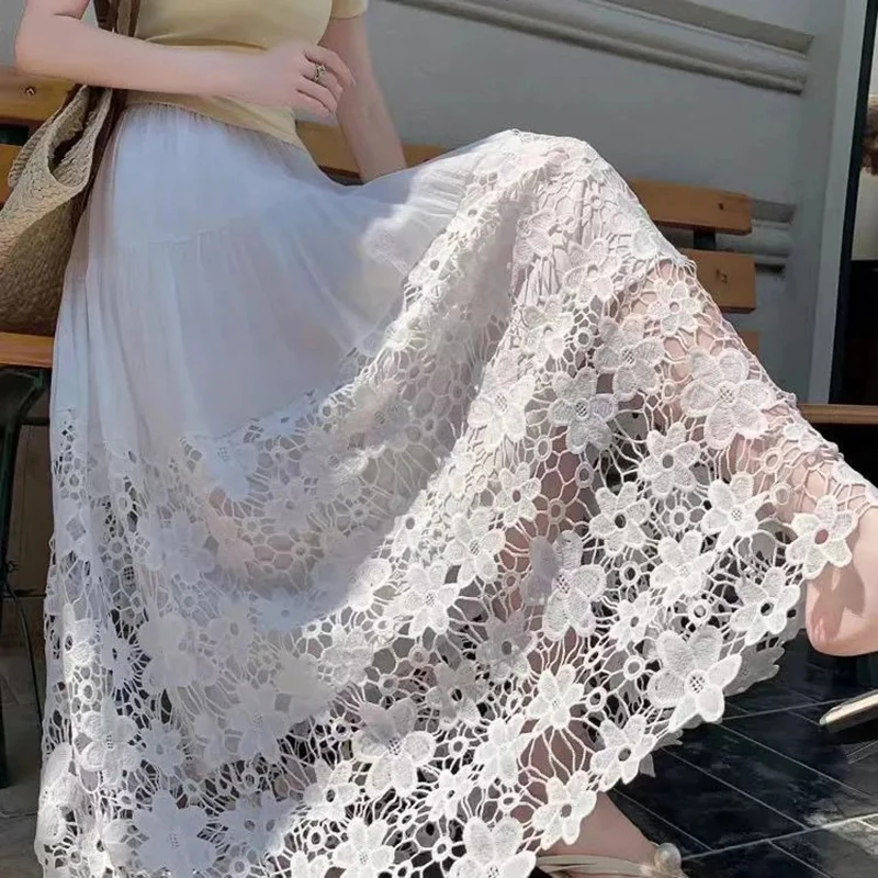 Women White Crocheted Hollow Out Skirt Sweet High Waisted A Line Midi Skirt Patchwork Summer Vacation Beach Harajuku Y2K Skirt
