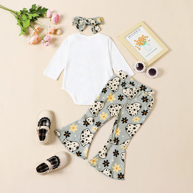 Newborn Baby Girls 3 Pieces Fall Clothes Set Halloween Letter Print Romper and Flared Pants Headband Outfits Infant Clothing