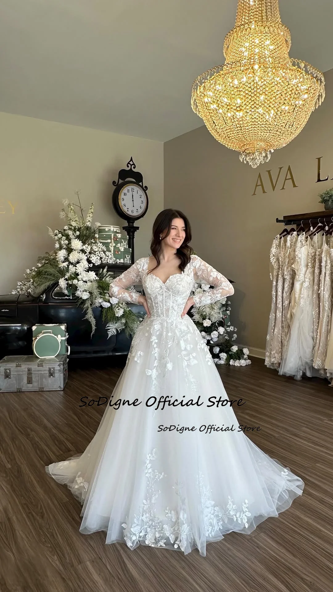 SoDigne A-line Tulle Appliques Wedding Dresses Full Sleeves Sweetheart Bridal Dress Bride Gown Vestidos De Novia ﻿Customized ﻿