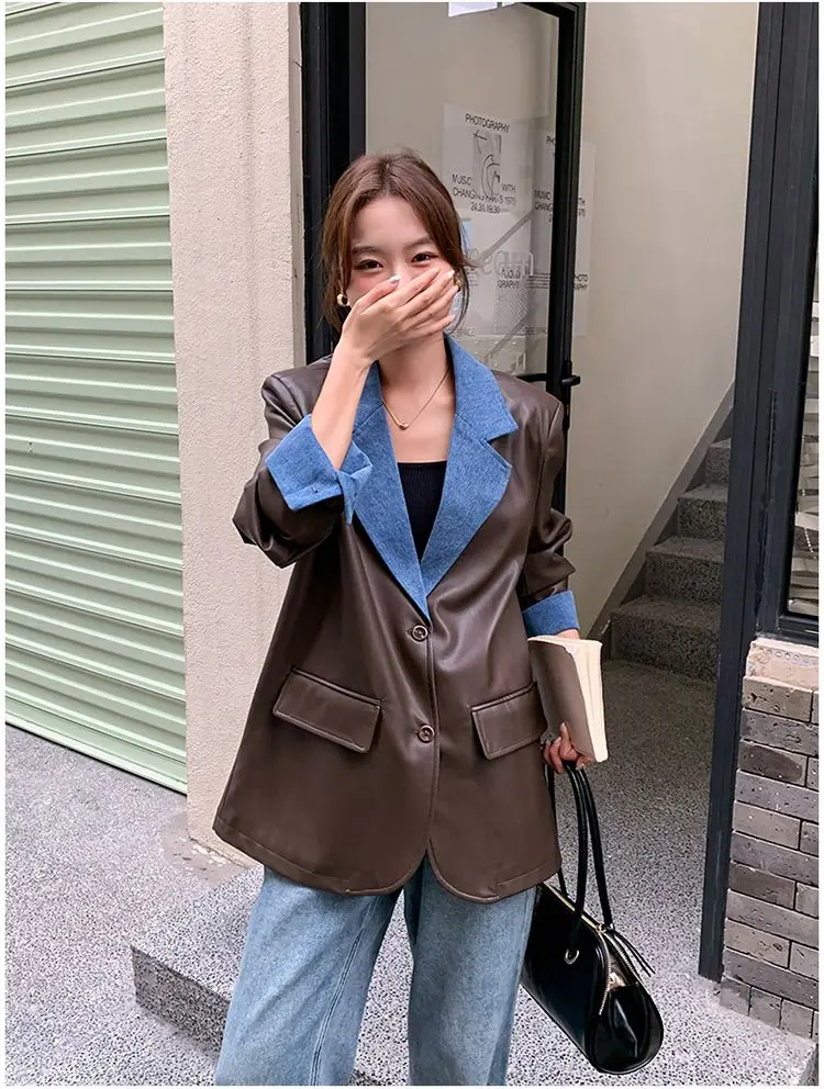 Casual Short Blazer Suit Jacket,for Women Clothing,Spring Autumn Denim Patchwork Leather Jackets, 2024 New Street Suit Coats