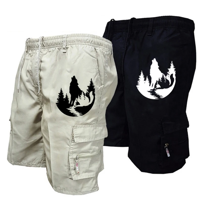 

Camouflage overalls loose Wolf Tree Print casual camouflage summer shorts large size multi-pocket five points pants men