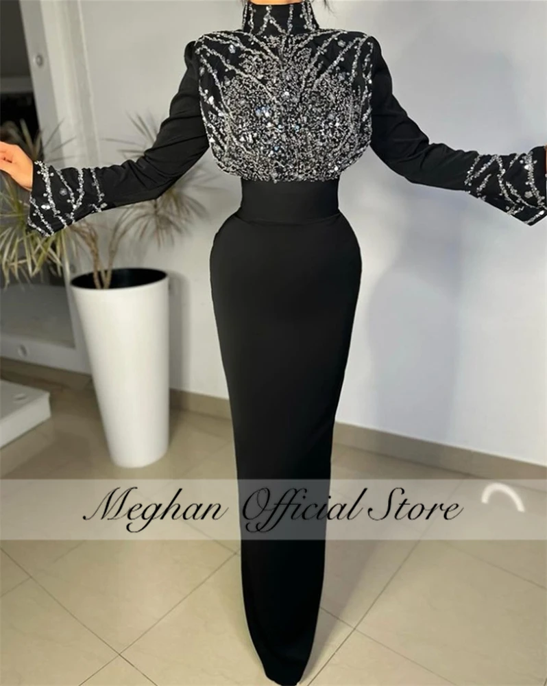 Black High Neck Evening Dress Sparkly Bead Princess Long Prom Dresses With Sleeve Mermaid Birthday Party Gown Robe De Customized