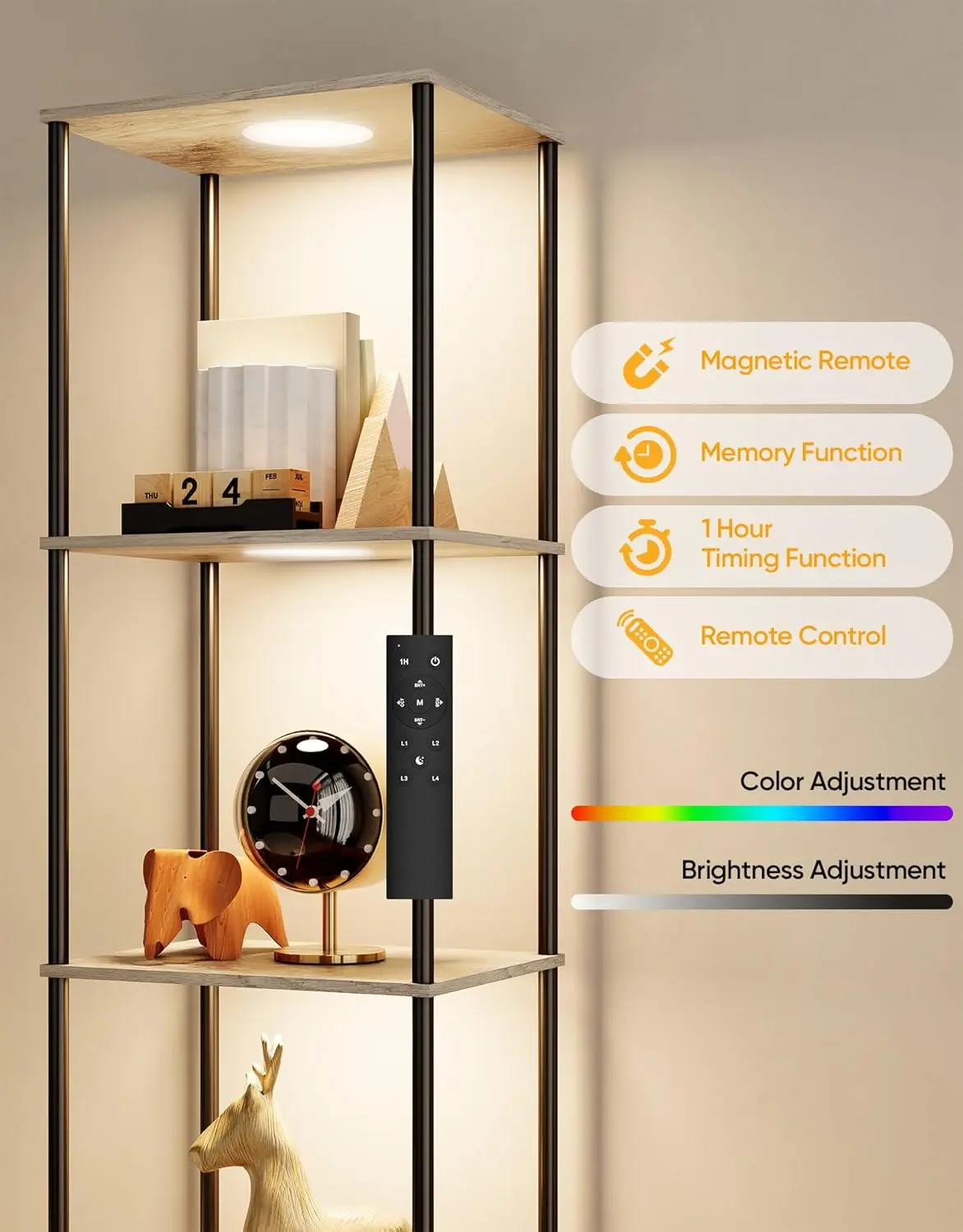 Display Shelf With Rgbw Light, Color Changing Curio Cabinet Floor Lamp With Shelves Corner Standing Column Lamp Etagere