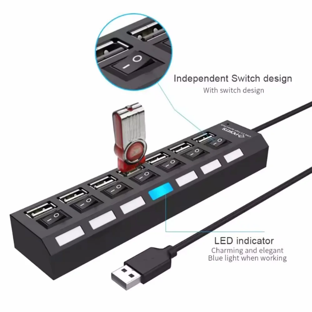 Picture 4: 4/7 Port with LED Light USB 2.0 Adapter Hub with Independent Power on Off for Computers Tablets Supports Data Transmission