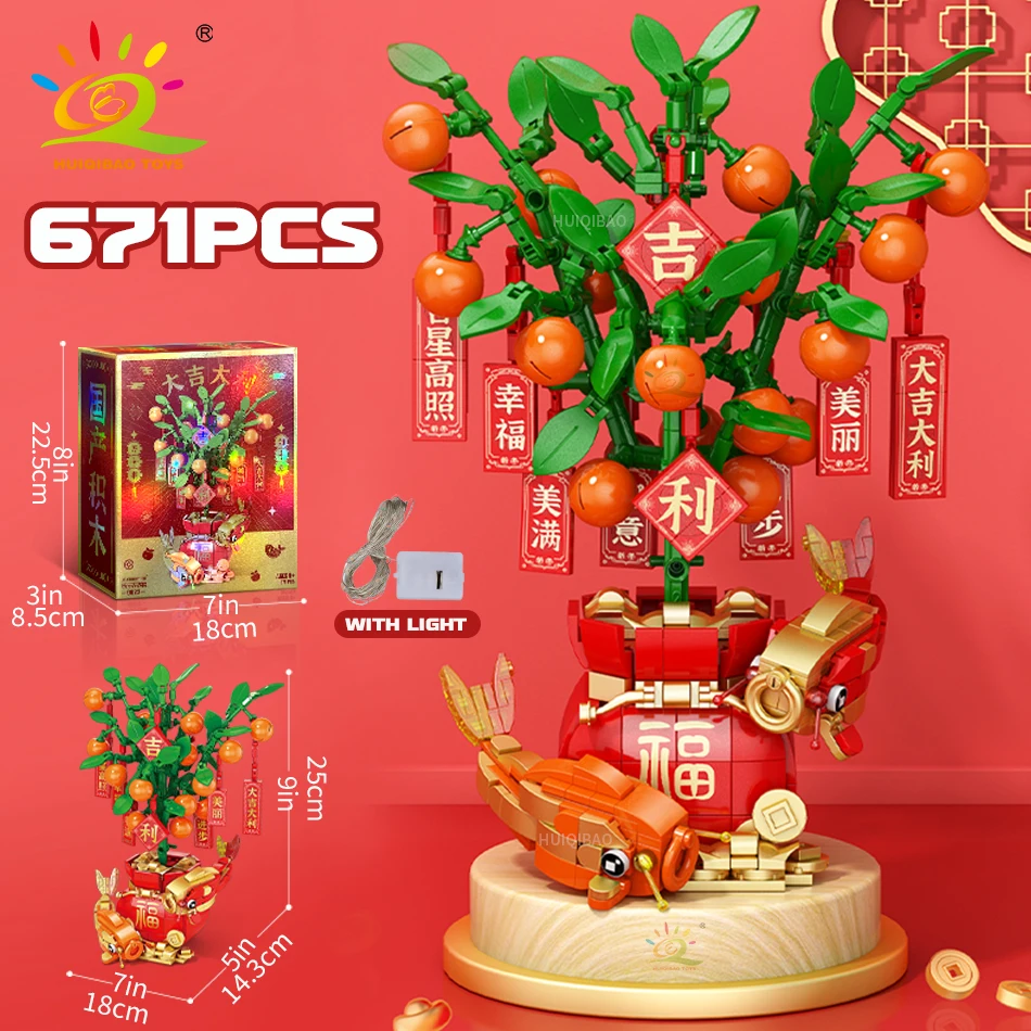 HUIQIBAO-décennie s de construction de modèle de chat porte-bonheur Maneki Neko, ornements d'arbre d'oranger, ensemble de briques, construction de ville, cadeau de jouets pour enfants, nouvel an