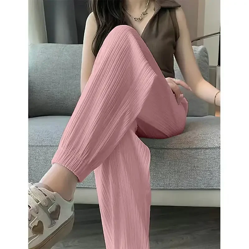 Pantaloni Casual a gamba larga in seta di ghiaccio pantaloni solidi elastici in vita abbigliamento donna dolce Streetweat pantaloni estivi alla