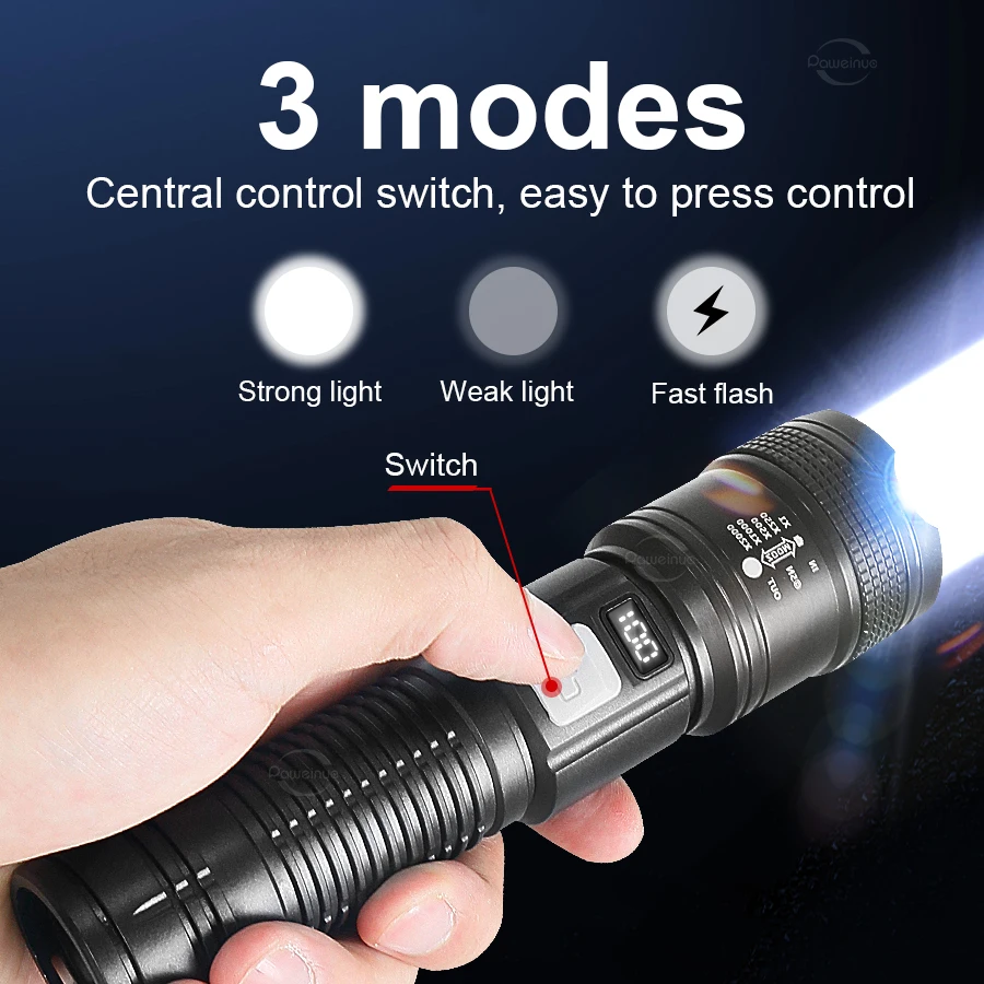 90000LM High Power Led Flashlights Tactical Torch 18650 Built-in battery USB Charging Camping Fishing Emergency Zoom Lantern