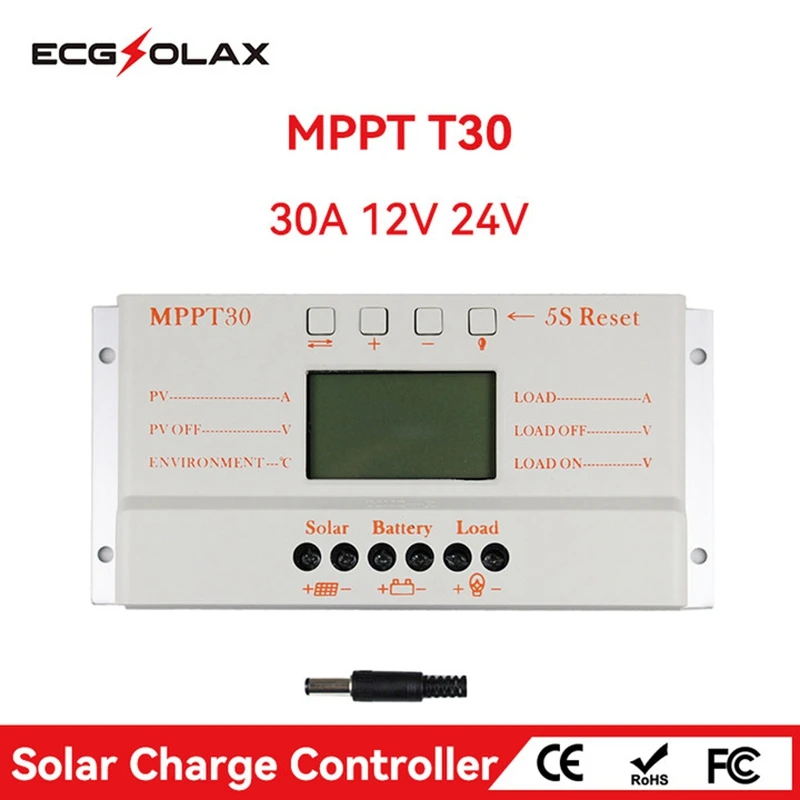 ECGSOLAX MPPT 30A Solar Charge Controller 12V 24V Auto Solar Panel Battery Charger Regulator Display Load Light Timer Controller