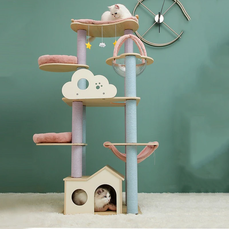 Solid Wood Cat Climbing Tree Tower, Cute Pink Pet Cats Tree House, Cat Gym Toys for Cats Scratching Post, Pet Products