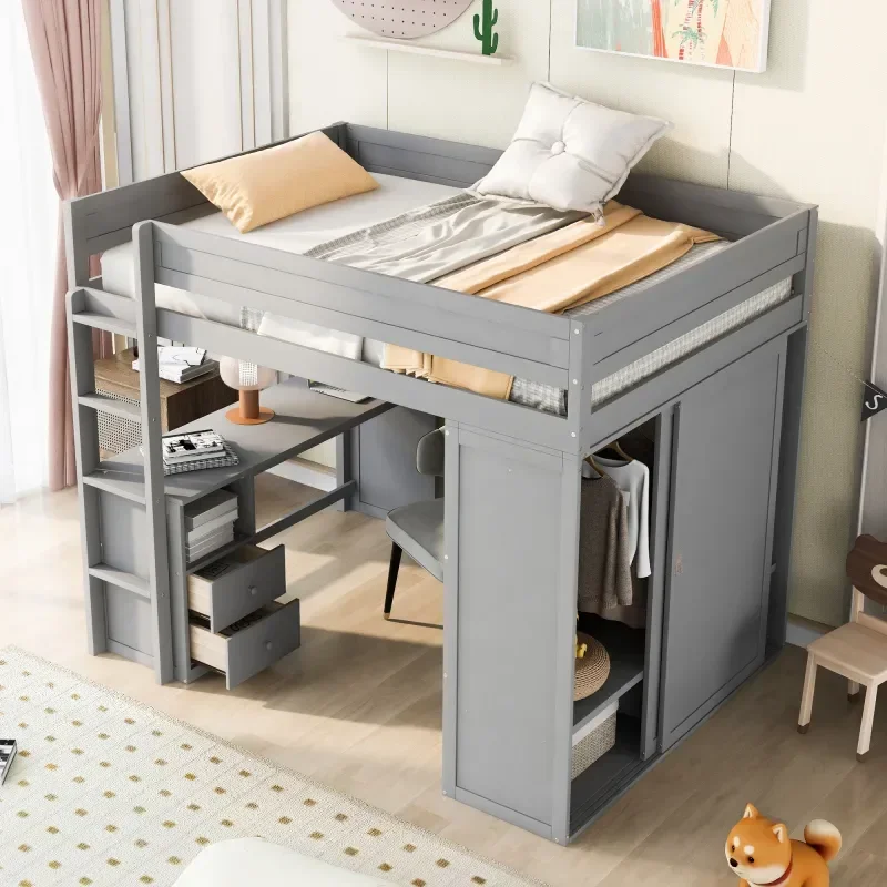 Wood Loft Bed with Wardrobes and 2-Drawer Desk with Cabinet, Safety Barrier,Suitable for Bedrooms and Children's Rooms