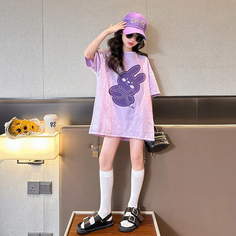 

Korean teenage Girls T-shirt Short Sleeve Fashionable Summer kids Cartoon Long T Leisure Childrens Loose Large T dress