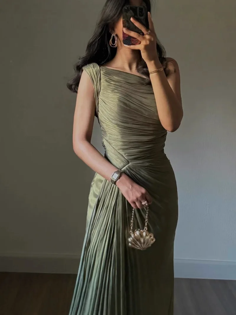 

Olive Green One Shoulder Ruched Maxi Dress Women Spring Fall Satin Pleated Evening Gown Dubai Turkey Wedding Party Outfits