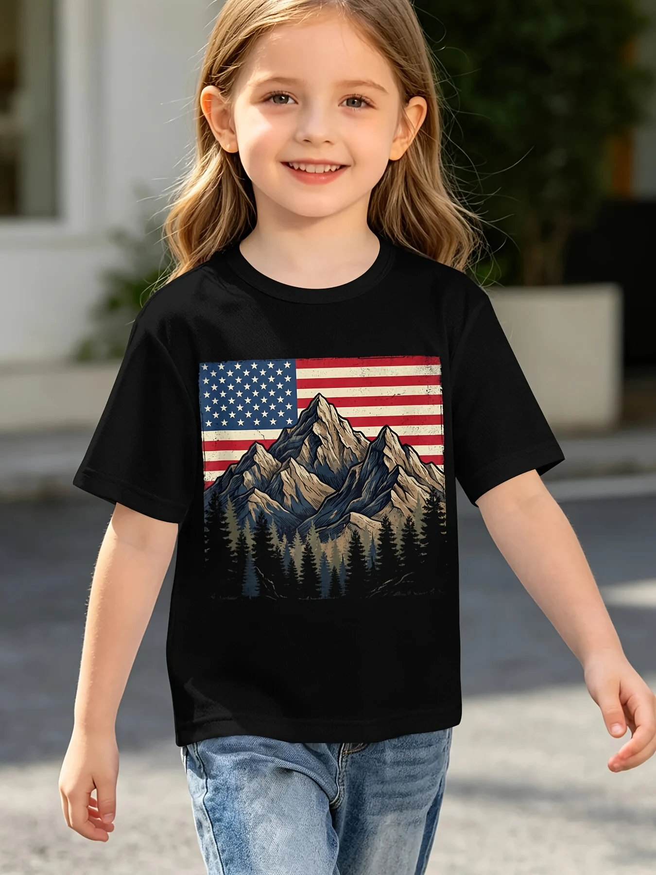 Vintage Us Flag Wilderness Mountain Graphic T Shirt Boys Girls Nature Short Sleeve Tee Family Matching Kids Casual Cotton Tops