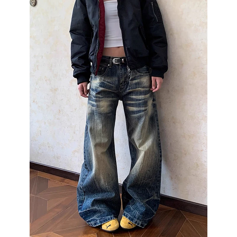 

ZHIZOU Women's Baggy Bleach Jeans Grunge Denim Pants Wide Fit American Retro Y2K Harajuku Cowboy High Street Streetwear 2000s
