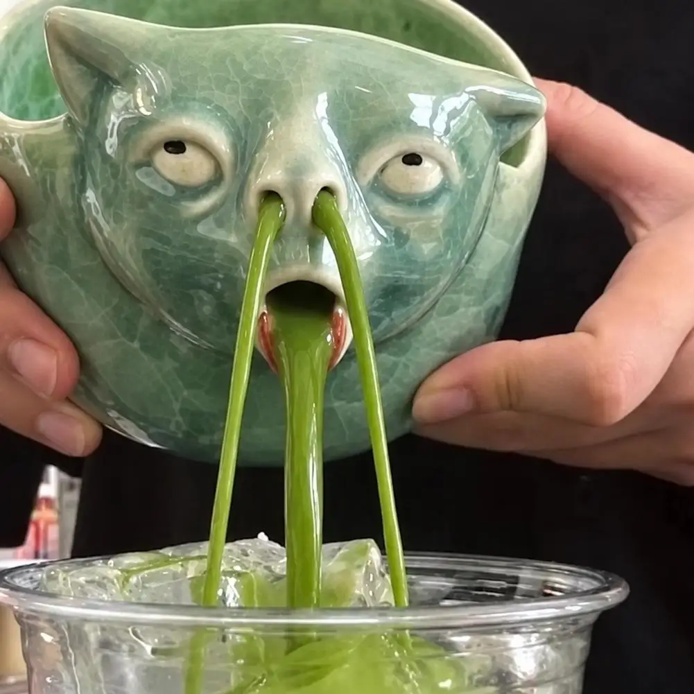 Flowing Nasal Cat Matcha Bowl Handmade Ceramic Cat Face Bowl Creative Funny Coffee Cup Niche Art Pottery Decoration 1/2pcs