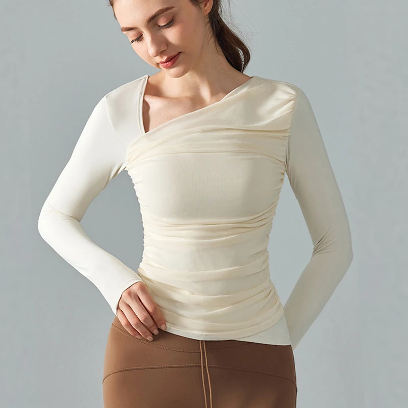 

Aiithuug со встроенным бюстгальтером для йоги, облегающие спортивные рубашки с длинными рукавами и вырезом на плечах, тренажерный зал, рюшами на талии, весенне-осенние спортивные рубашки, топы для тренировок