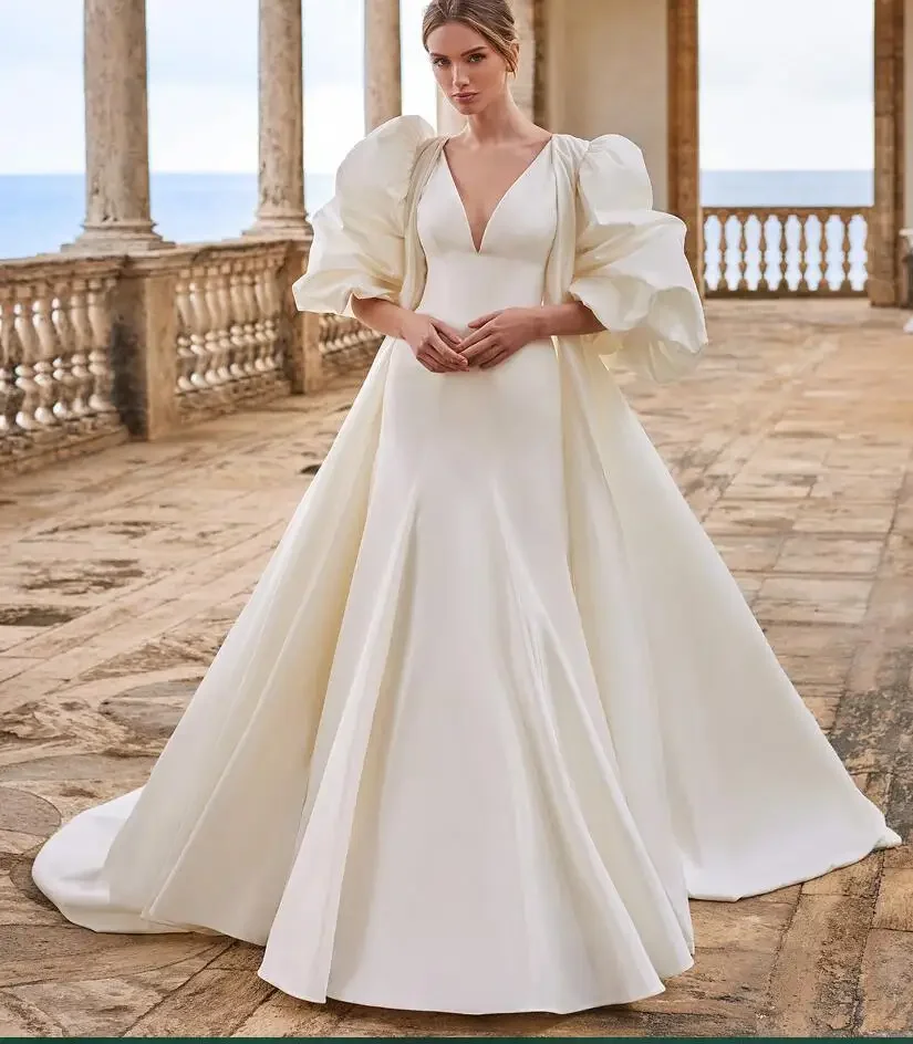 Jaqueta de casamento cetim inchado com meia manga, capa longa, roupa nupcial simples e elegante, tamanho personalizado