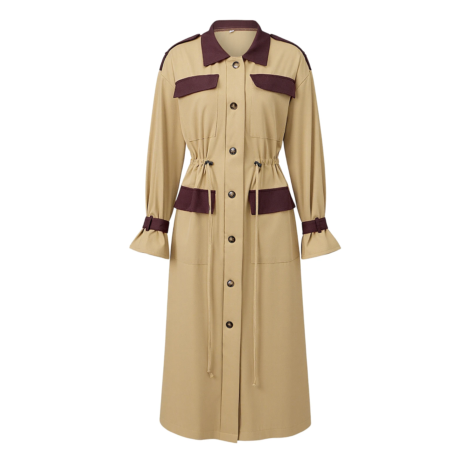 

Women's Fall Trench Coats Long Sleeve Contrast Color Loose Fit Jackets Casual Windbreaker Outerwear