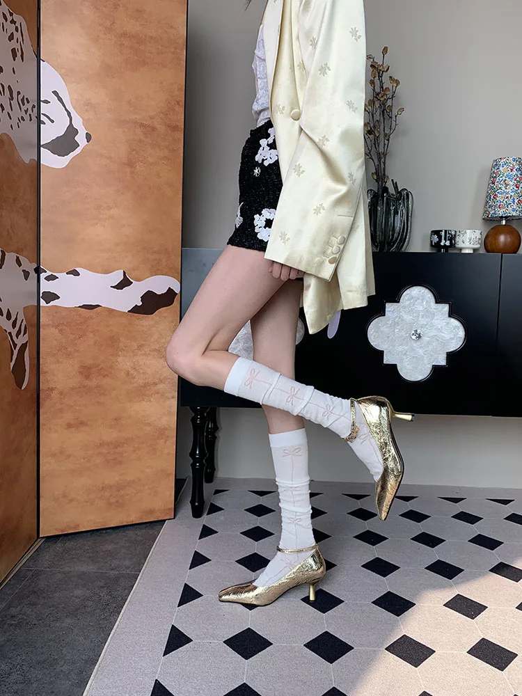 

Silently following behind~Summer French Romantic Niche Design Women's Bowknot Print Milk White Calf Socks