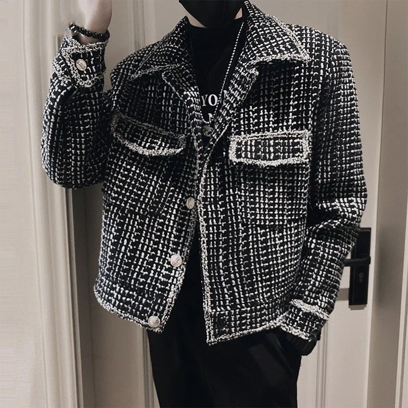 

Мужская куртка в клетку с рисунком и однобортным дизайном с отложным воротником, повседневный трендовый стиль для весенней и осенней одежды