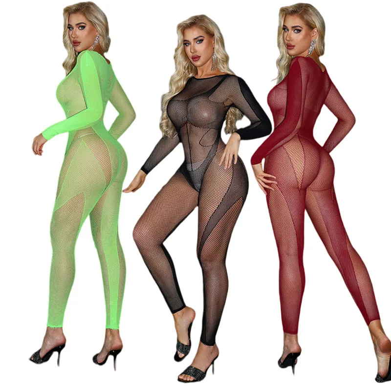 Multi‑Color Women Long Sleeve Fishnet Mesh Jumpsuit See‑Through Sheer Bodysuit Backless Romper Night Club Party Lingerie