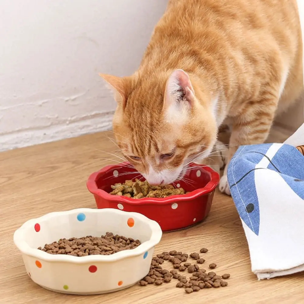 Anti Overturning Cat Ceramic Bowl Protect Pet\'s Spine Wear Resistant Cat Food Bowl Ceramic Wave Point Cat Water Eatting Bowl