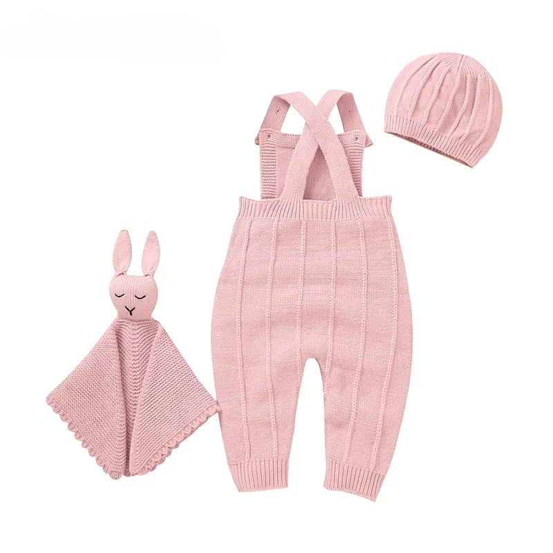 Tute per neonati cappelli coperte di sicurezza completi 3 pezzi set indossare neonate pagliaccetti vestiti 0-18m rosa senza maniche a maglia