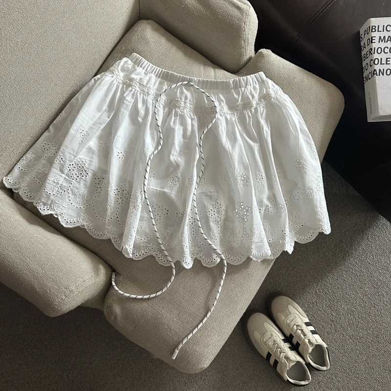 

Summer New Women's Blue White Sexy Club Hollow Out A- Line Mini Skirt French Fashion Brown High Waist Pleated Short Skirts 2025