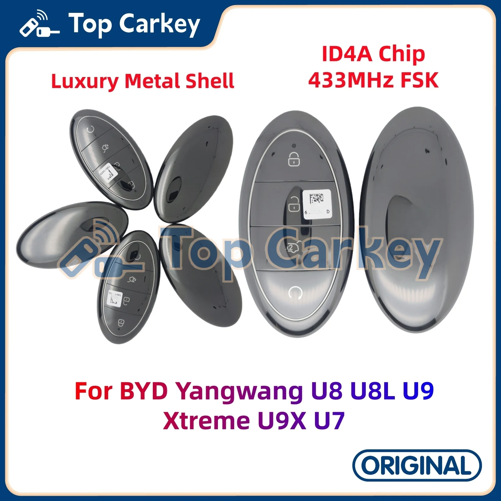 

TopCarkey Original Smart Remote Key Keyless Go ID4A Chip 433MHz with Metal Shell for BYD Yangwang U8 U8L U9 Xtreme U9X U7