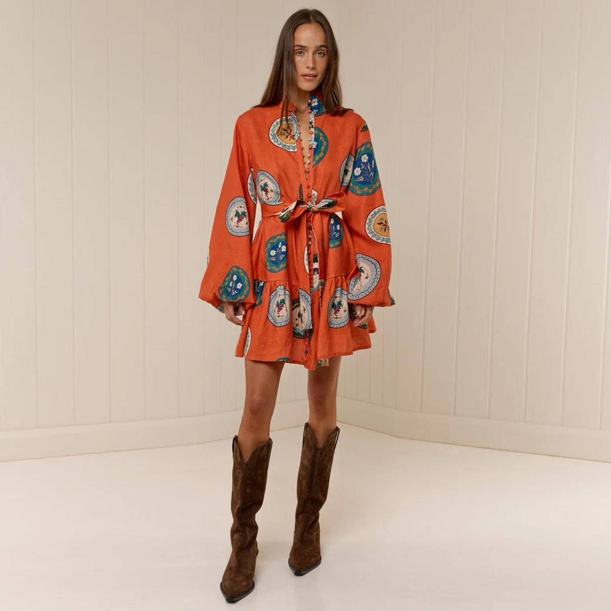 

Women Floral Print Single Breasted Belt Orange Cotton Linen Casual Mini Dress