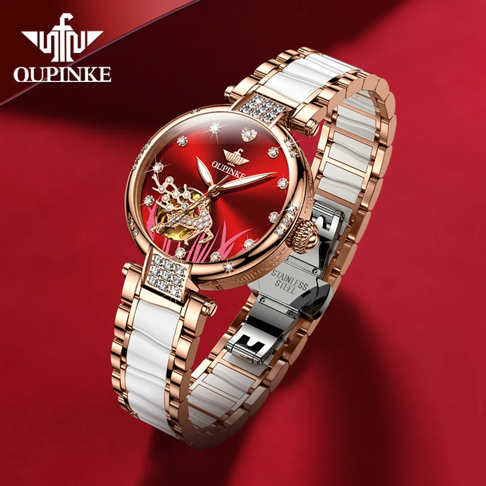 OUPINKE 3211 Luxury Automatic Watch For Women Hollow Japan Mechanical Movement Wristwatch Deep Waterproof Diamond Ladies Watches