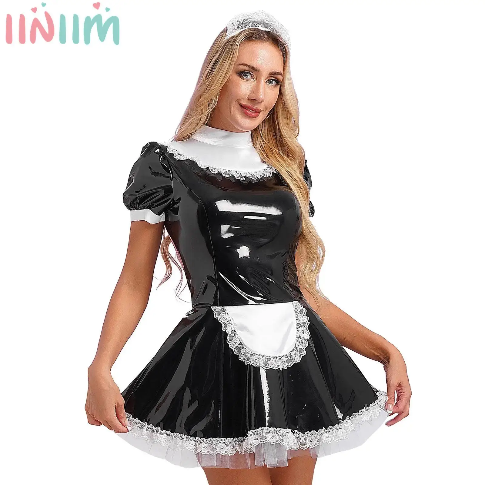 

Womens French Apron Maid Cosplay Dress with Lace Headband Halloween Anime Housemaid Glossy Patent Leather Maid Servant Costume