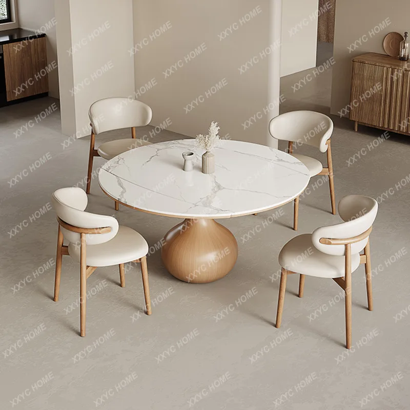 Table à manger de style J log, en bois massif, pliable, avec plateau en pierre extensible, qui se transforme de carrée en ronde.