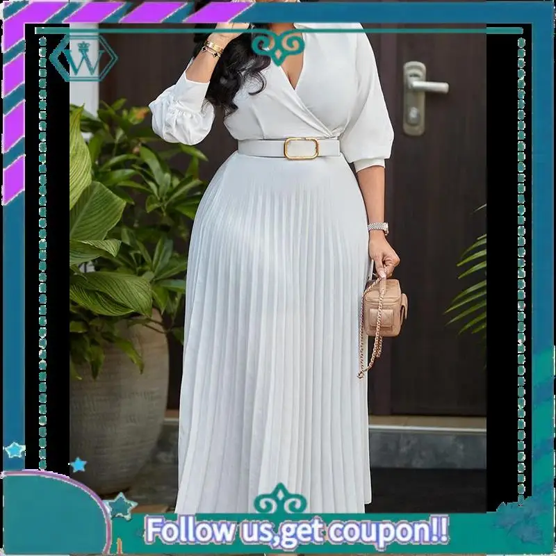 A09P Vestido plisado para mujer, cuello en V, manga larga, línea A, iglesia, trabajos formales, vestidos de negocios con cinturón