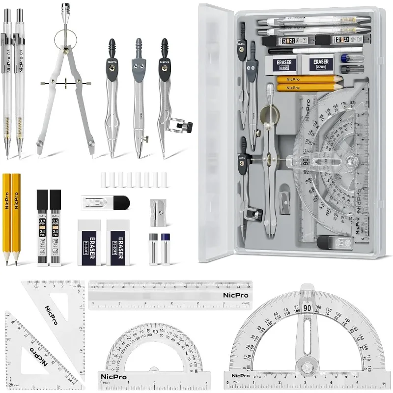 

Nicpro 22 PCS Compass Geometry Tools with Case, Drafting Tools Geometry Set with Swing Arm Protractor, Rulers, Metal Compass