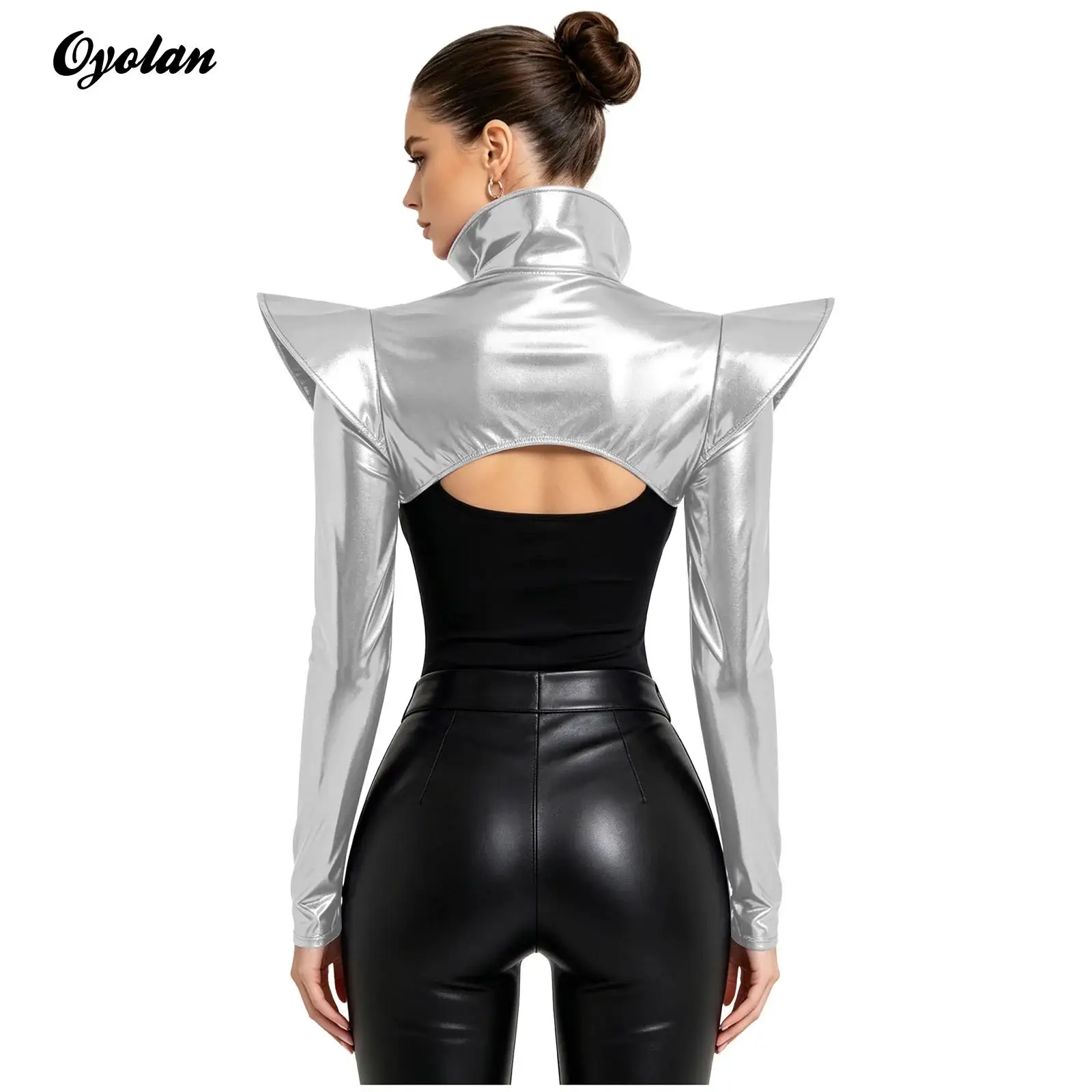 

Womens Metallic Shiny Shoulder Armor Crop Top Cape Shoulder Cape Clubwear Long Arm Sleeves Structured Epaulets Buckle Pauldron