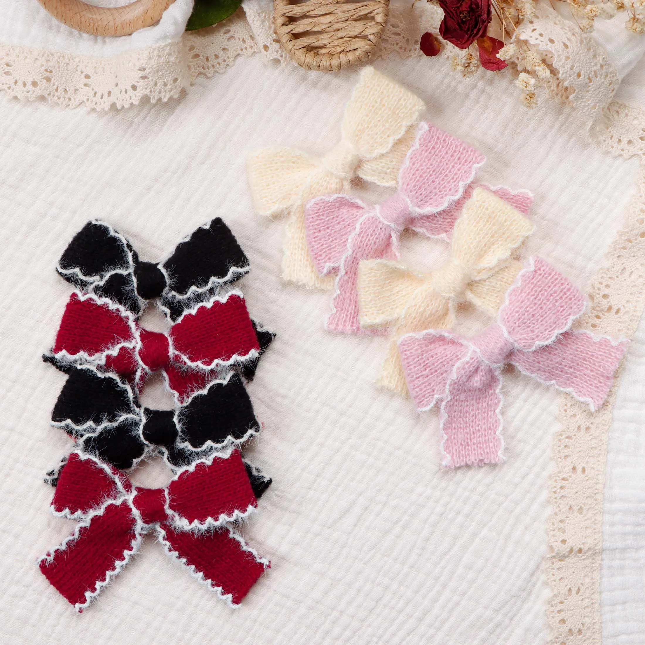 2pcs Knitting Wool Bow Barrettes Striped Lace Bow Hair Clip For Girl Baby Autumn Decor Hair Accessories Kid Party Wear Hairpin