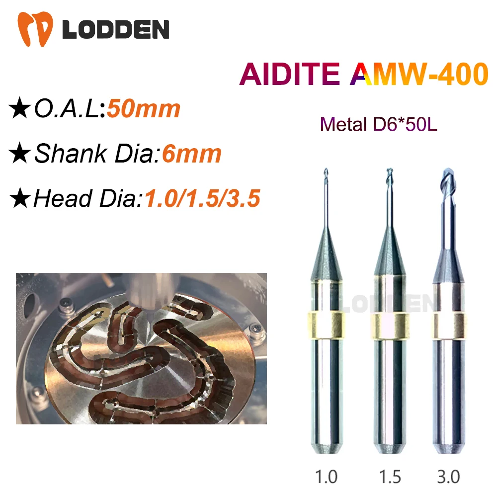 Aidite AMW-400 Dental Milling Burs Grinding Metal D6 Shank 50mm length 1.0/1.5/3.0mm Dental Grinding Tool for CAD CAM System