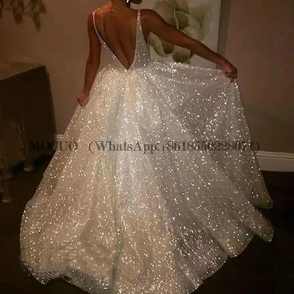 Funkelnde bling Dubai Brautkleider sexy Rücken offen lange A-Linie V-Ausschnitt Brautkleid weiße Frauen Brautkleider plus Größe