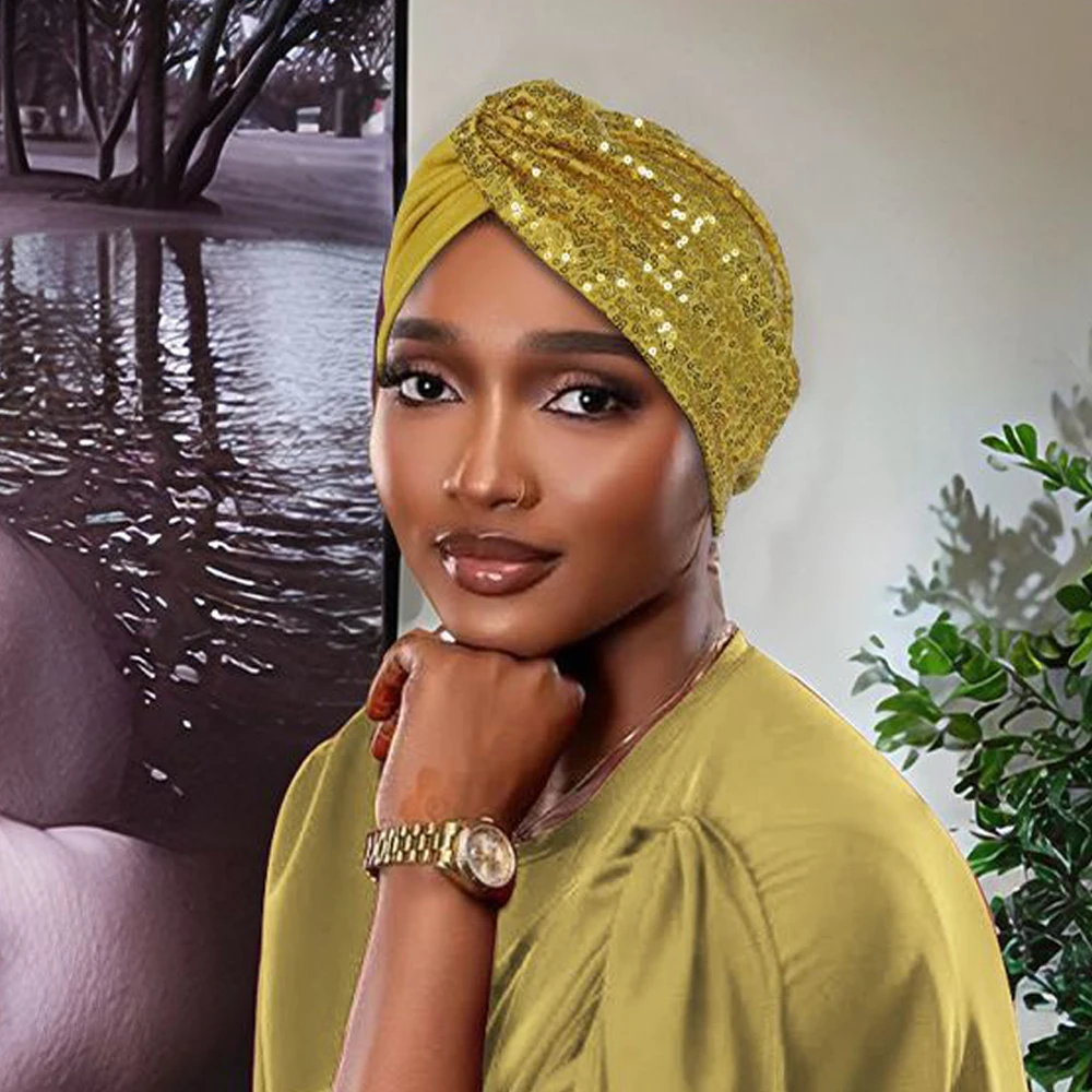 

New Indian Hat Sequin Turban Twist Knot Bonnet Beanie Hijab Headscarf Women Chemo Cap Hair Loss Head Wrap African Turbante Mujer