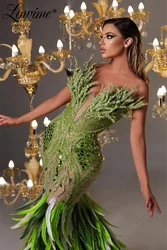 Green Feathers Mermaid Prom Dress Full Beaded Crystals Celebrity Dresses 2025 Customized Party Second Reception Birthday Gowns