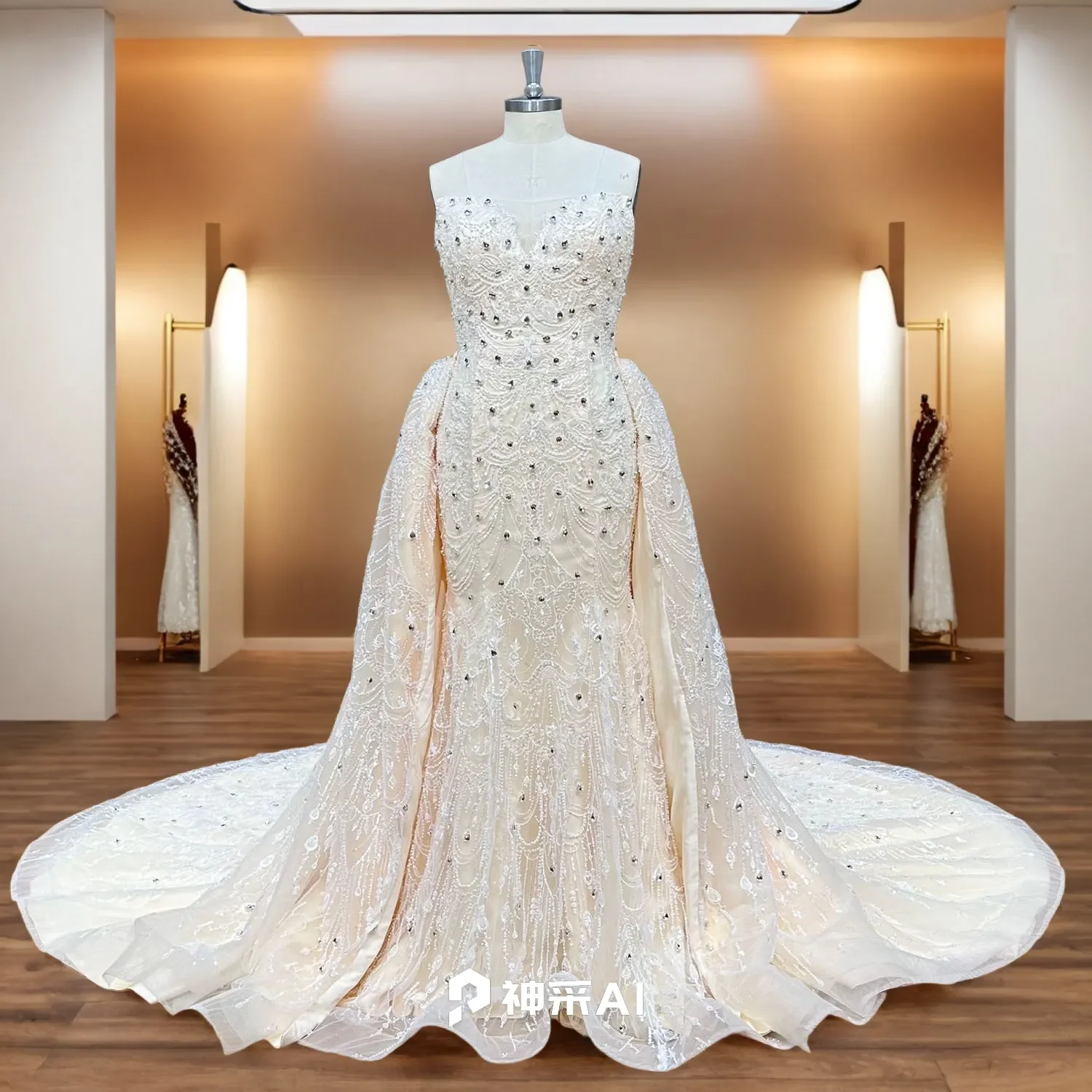 

Hire Lnyer Super Sparkly All Over Shiny Beads Pearls Stones Champagne 2 Pieces Mermaid Wedding Dress With Detachable Train