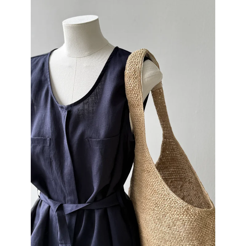 Linen Blend Simple Sleeveless Office Suit Women's Summer Casual Vest+ Elastic Waist Wide-leg Pants Loose Casual Two-piece Set