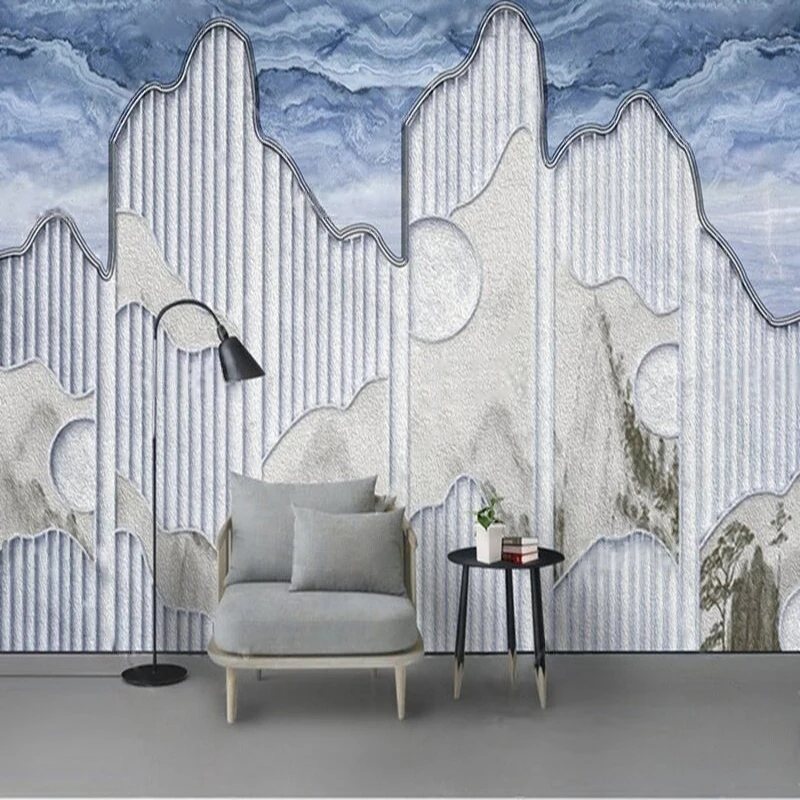 Modern Elegant And Simple Grand Geometric Blue Marble Screen Background Corridor Cabinet Bookstore Decoration Mural