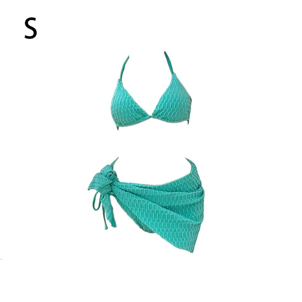 Solid Color Swimsuit Suit Sky Blue Mini Style Bikini Set Gathered Chest Lace-up Design Halter Backless Women's Swimwear