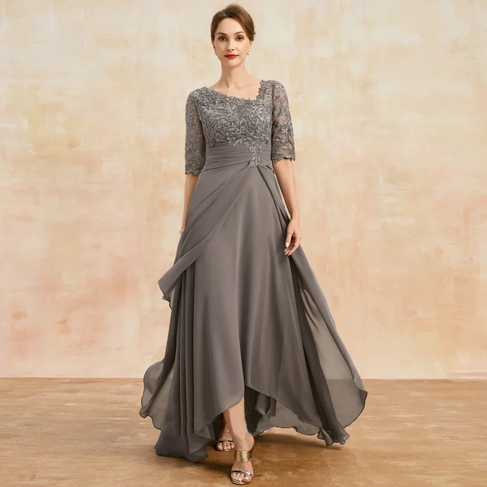 

Elegant A-Line Mother of the Bride Dress V-Neck Asymmetrical Tiered Ankle Length Chiffon Lace Half Sleeve with Pleats Appliques